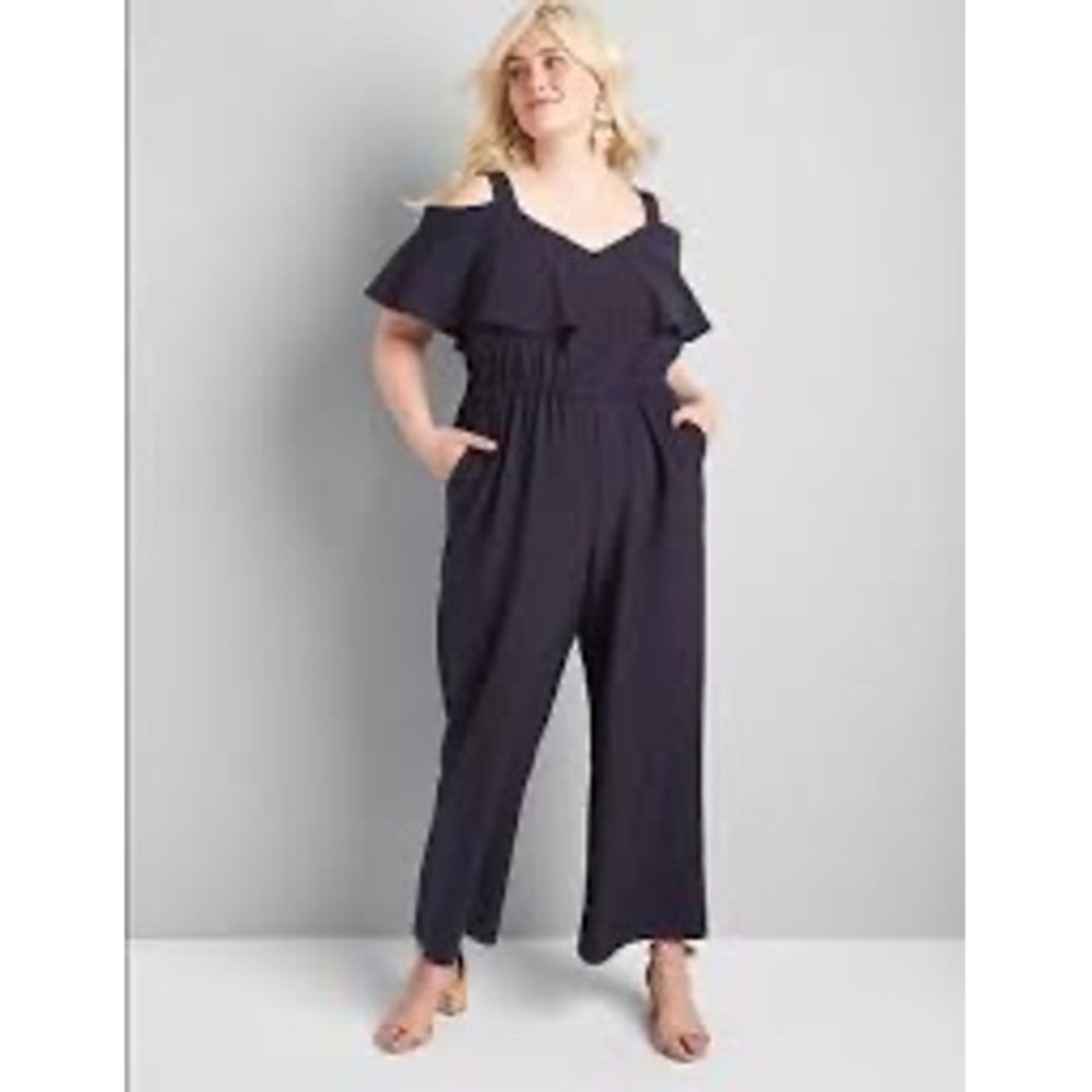 NWT Lane Bryant Black Off Shoulder Ruffle Wide Leg Jumpsuit Plus Size‎ 26/28